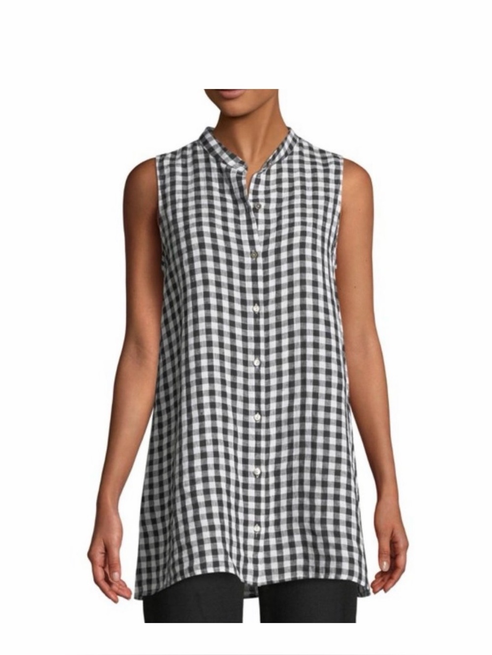 Eileen Fisher Black and White Gingham Mandarin Collar Sleeveless Top